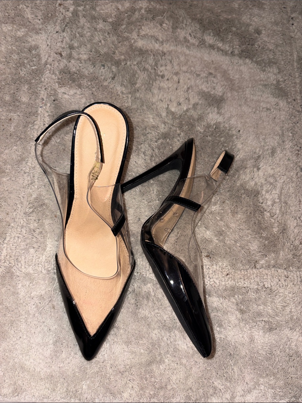 Fashion Nova Black Patent Pointed Toe Clear Slingback Heels